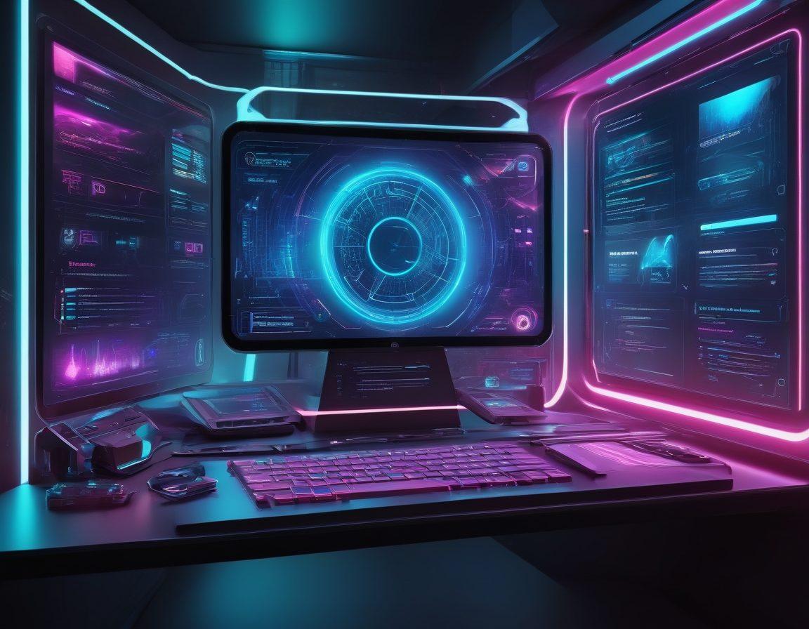 A futuristic web interface showcasing innovative technology, featuring sleek designs and vibrant colors. Incorporate elements like digital tools, creative brainstorming scenes, and users interacting with cutting-edge applications. Emphasize the transformation of user experience with dynamic visuals. Cyberpunk style. 3D elements. Bright neon accents.