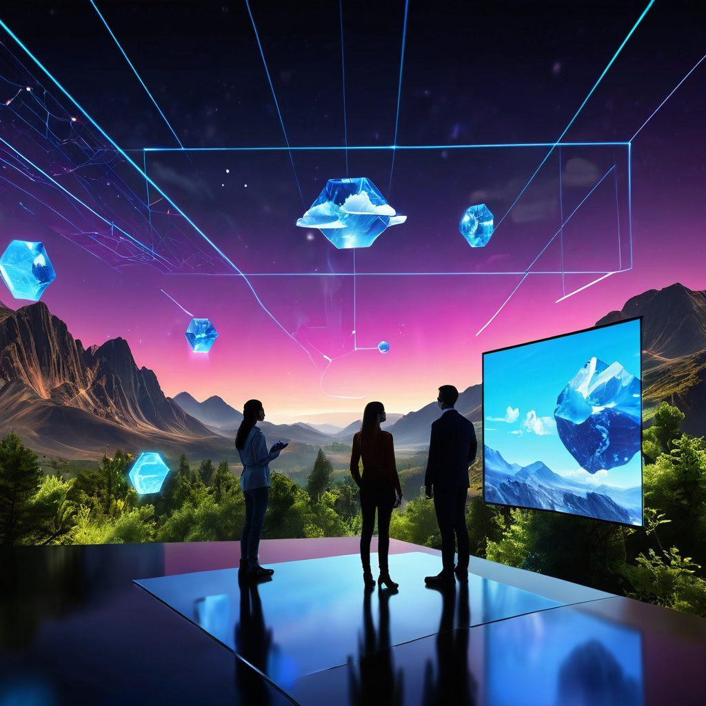 A futuristic digital landscape showcasing seamless web interactions with floating holographic screens displaying various xn technology applications. Include diverse people engaged with the tech, experiencing virtual interfaces and augmented reality features. Emphasize vibrant colors and a dynamic atmosphere that conveys innovation and connectivity. The background should be a blend of cyber elements and nature, symbolizing harmony between technology and environment. super-realistic. vibrant colors. 3D.