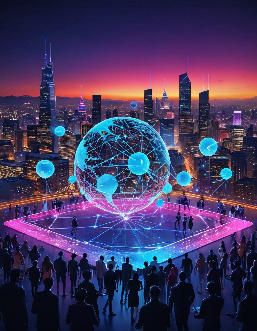 A futuristic digital landscape showcasing a vibrant web network with interconnected nodes glowing in neon colors, symbolizing the xn network. In the foreground, a diverse group of people enthusiastically engaging with holographic interfaces and virtual reality elements, representing global connectivity and innovation. The background features a dynamic city skyline shimmering under a twilight sky, filled with abstract shapes representing data flow. super-realistic. vibrant colors. 3D.
